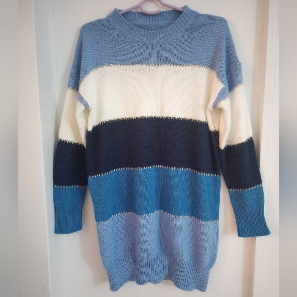 Elegant Striped Blue and White Gold Glitter Women's Sweater Dress Size Medium